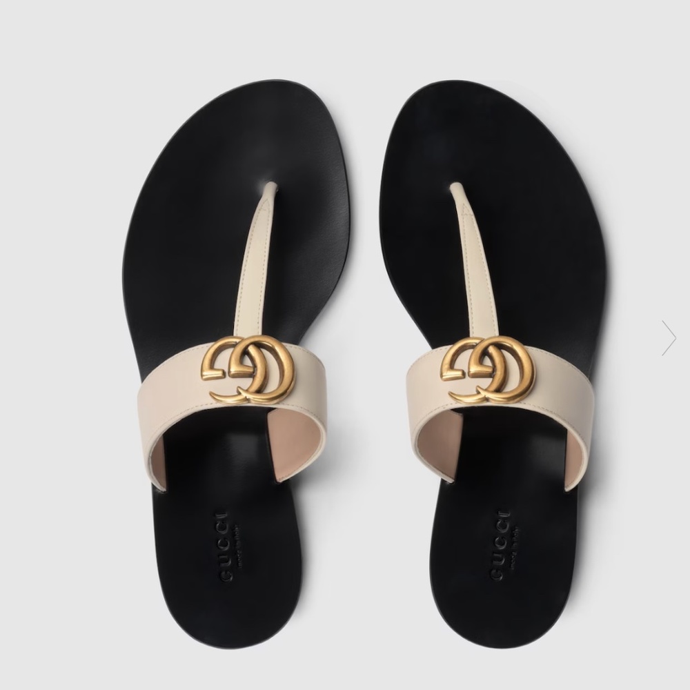 Gucci Cream Leather Thong Sandal with Gold Double G, Size 38